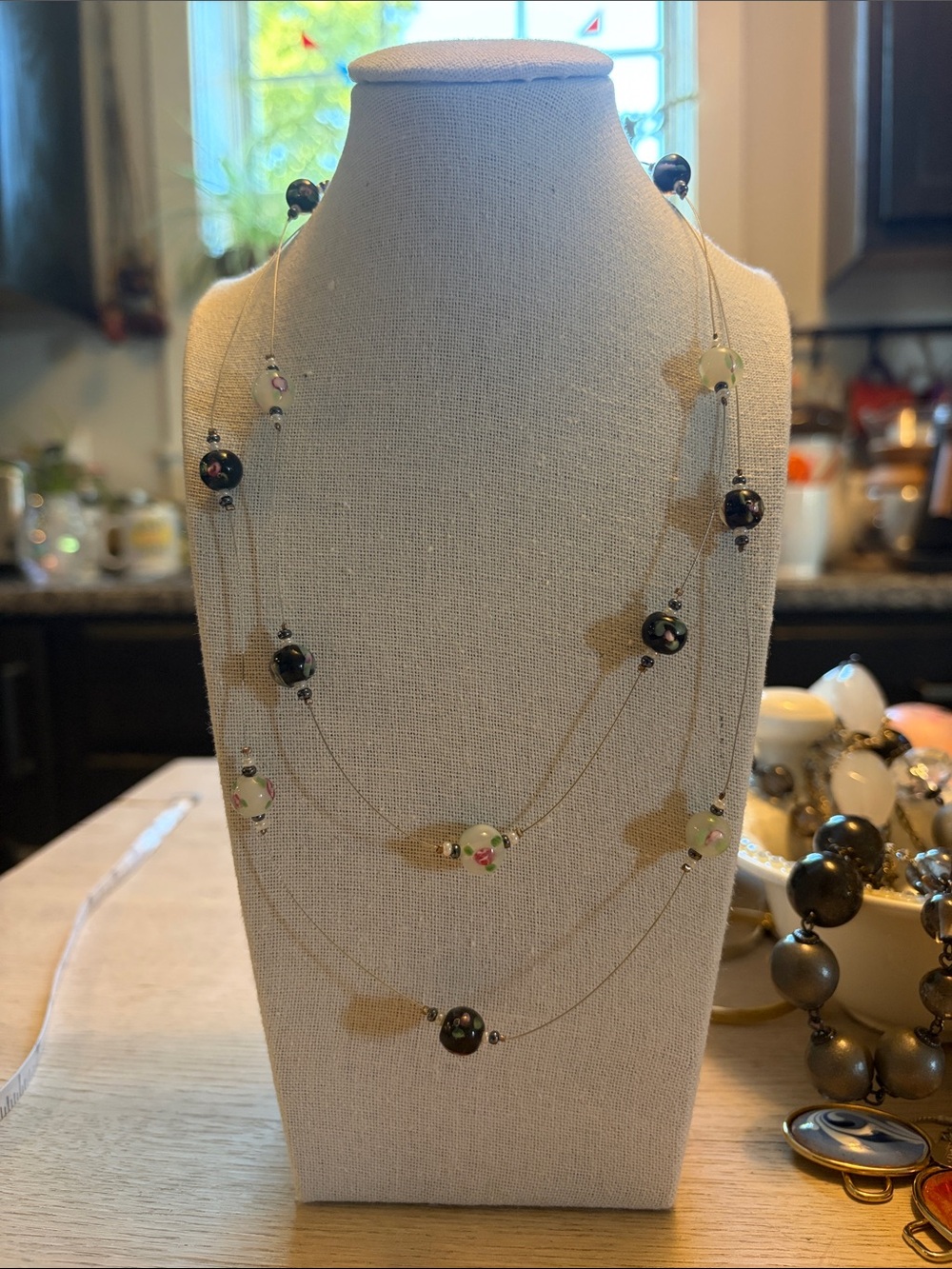 Delicate Multi-Strand Glass Beaded Necklace - Black and Cream